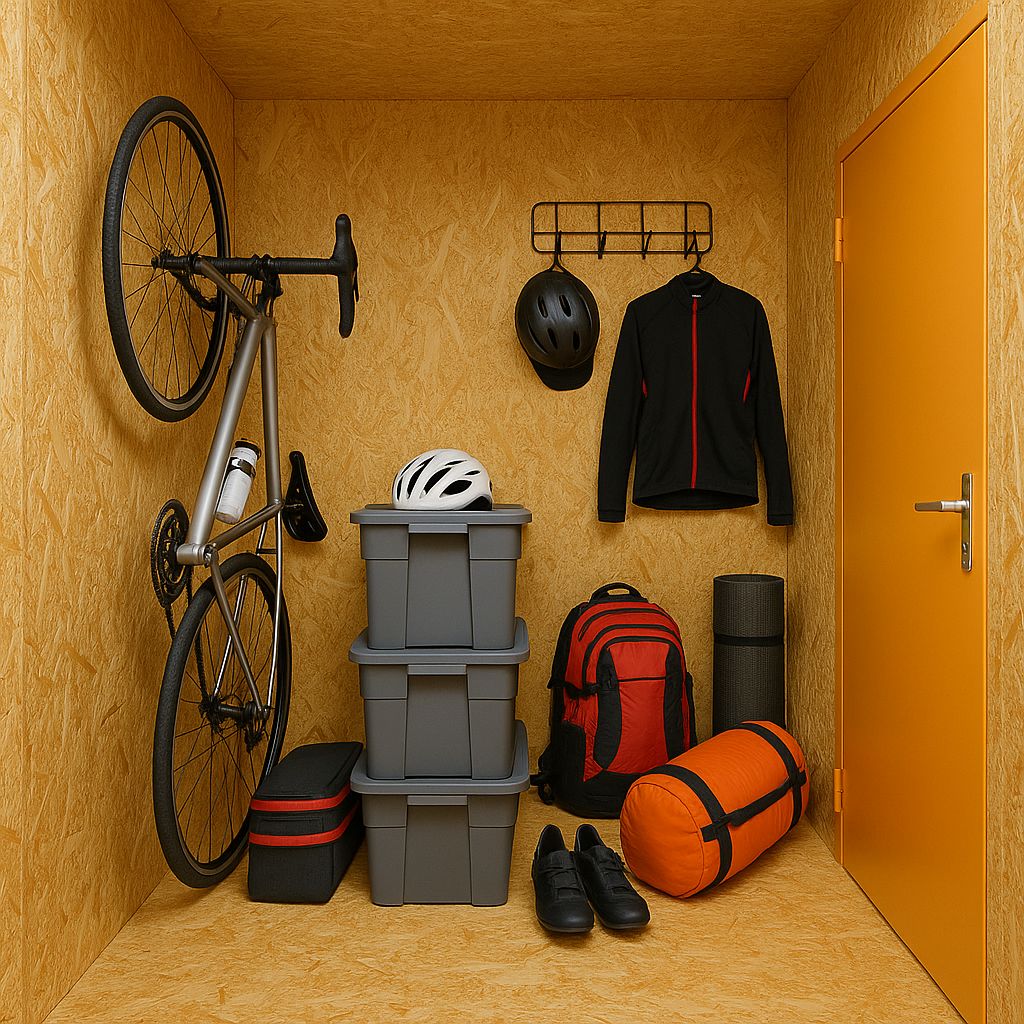 Lagerraum mit Fahrrad, Jacke, Boxen und Helm
